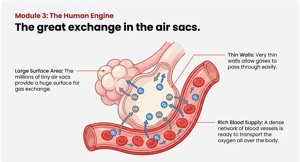 8. psle science alveoli gas exchange Illustration of air sacs showing oxygen and carbon dioxide exchange