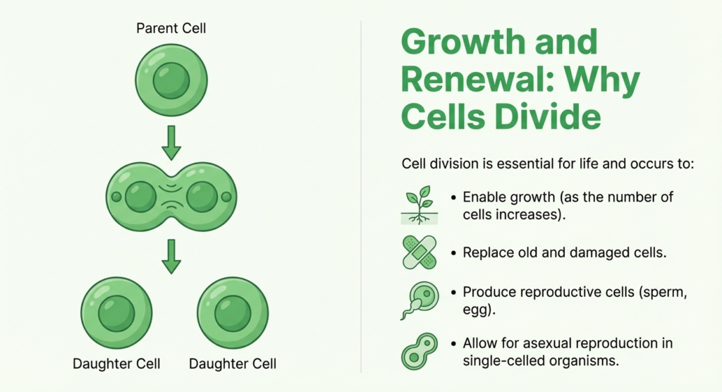 A15 Growth and Renewal of Cells Division of cells Diagram showing cell division and formation of daughter cells.