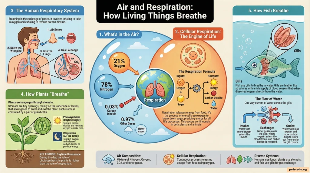 Air and Respiration – How Living Things Breathe (Summary Infographic) Summary infographic showing respiration in humans, plants and fish, air composition, cellular respiration, and gas exchange.